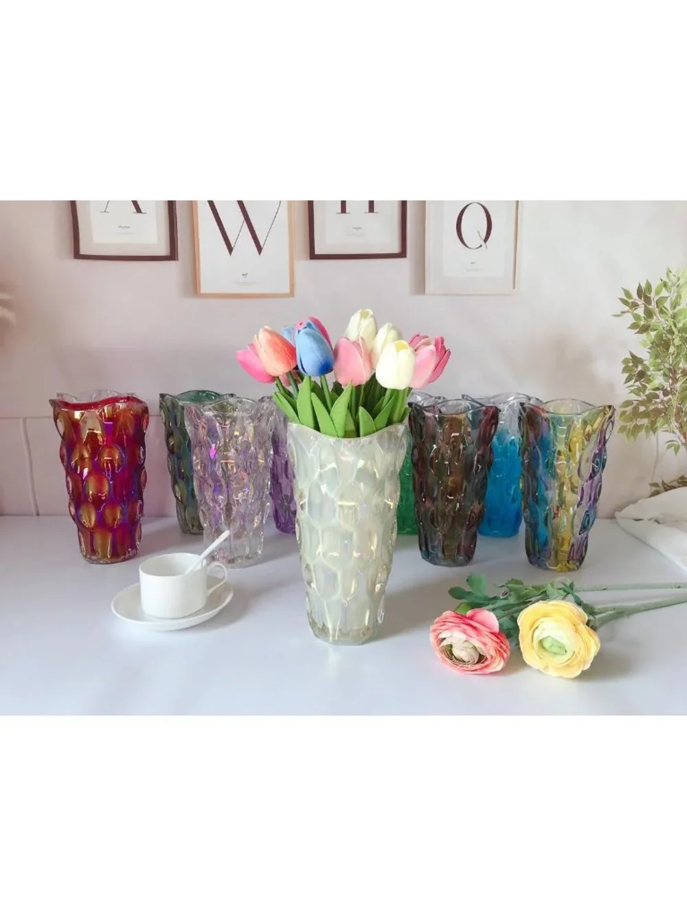 9.5 Inch Sparkle Cream Heavy Glass Flower Vase Bohemian Style Perfect Home Deco